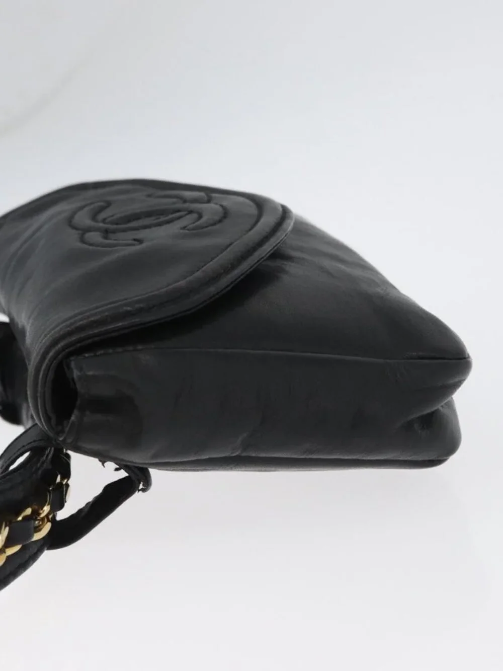 CHANEL COCO Mark Chain Waist Bag Lamb Skin Black Gold CC Auth BA11165